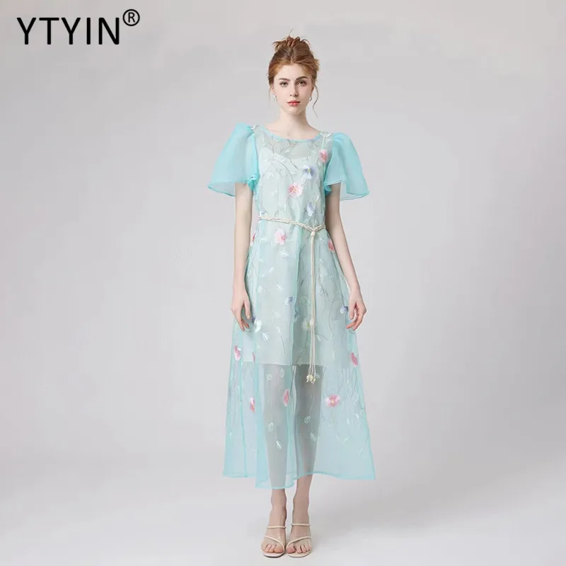 

YTYIN Fashion New Designer Spring Summer Women's O-Neck Flare Sleeve Mesh Embroidery Lace-UP Elegant Light Blue MIDI Dresses