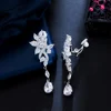 CWWZircons No Ear Hole Style Cubic Zircon Flower Drop Women Wedding Bridal Party Long Clip on Earrings without Piercing CZ274 5