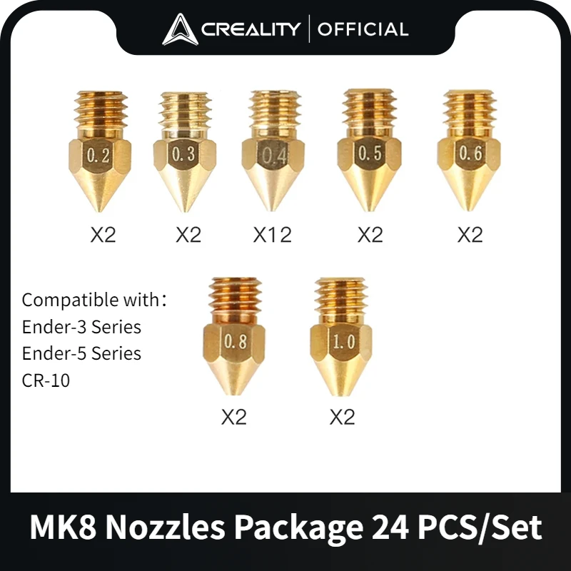CRECLITY  MK8 노즐 패키지 황동 깍지, Ender-3 시리즈 모든 FDM 3D 인쇄용, 24PCs/세트, 0.2, 0.3, 0.4, 0.5, 0.6, 0.8, 1.0mm