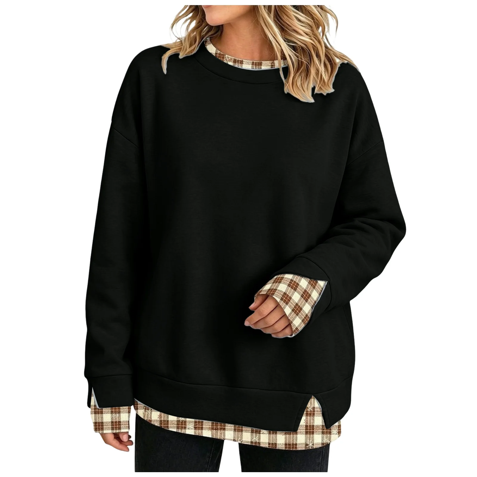 Crew Neck Sweatshirts Women Cute Long Sleeve Oversized Sweatshirt Plaid Pullove In Layered Tunic Drop Medium Weight Hoodie
