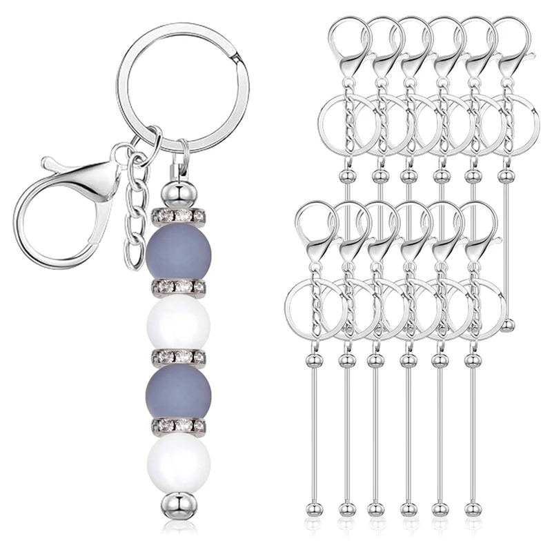 12 Pcs Beadable Keychain Bars For Beads Blank Keychain Metal Beaded For