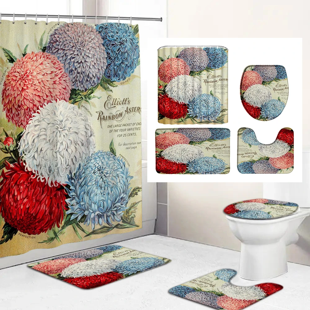 

Retro style Flowers Printed Shower Curtain Set with Rug Anti-slip Carpet Bathtub Toilet Bath Screen Bathroom Decor with Hooks