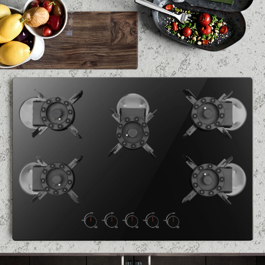 Smart 5-Burner Gas Stove - Professional Tempered Glass Cooktop for Home Kitchens, Built-in/Table Top Installation 3