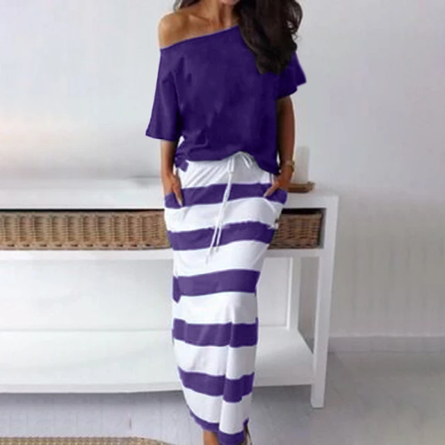Women Two Pieces Dress Shoulder T-shirt & Striped Maxi Skirt Sets Casual Short Sleeve Solid Color Loose Blouse Long Skirt - Dresses AliExpress