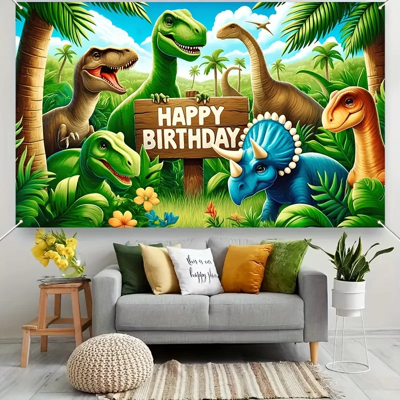 Dinosaurier-Dschungel-Geburtstagsparty-Hintergrund, Polyester-Fotokabinenhintergrund mit Luftballons und Blumen, vielseitig einsetzbar für den Innenbereich – Detail 7