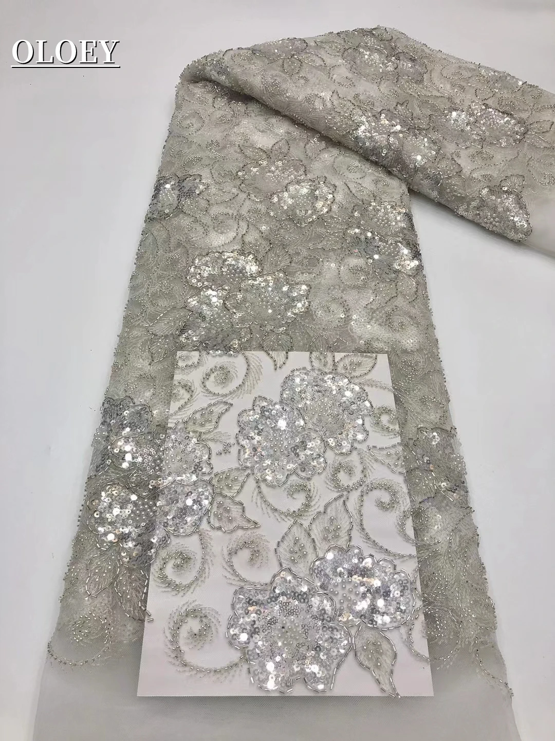 

White High Quality French Tulle Lace Fabric With Sequins Nigerian Hand Made Beaded Fabric For wedding dress XP9855