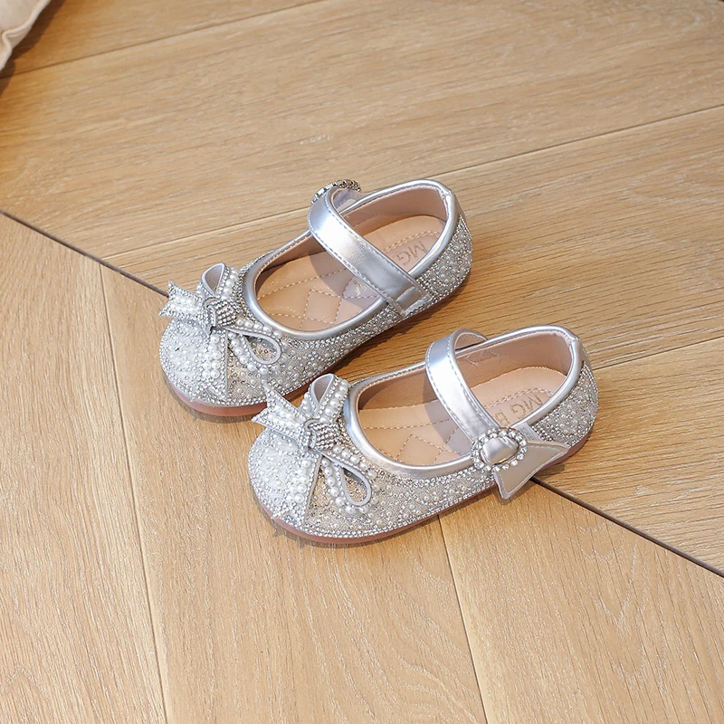 Princess Kids Leather Shoes for Girls Casual Glitter Low Heel Beaded Butterfly Knot Pink Silver