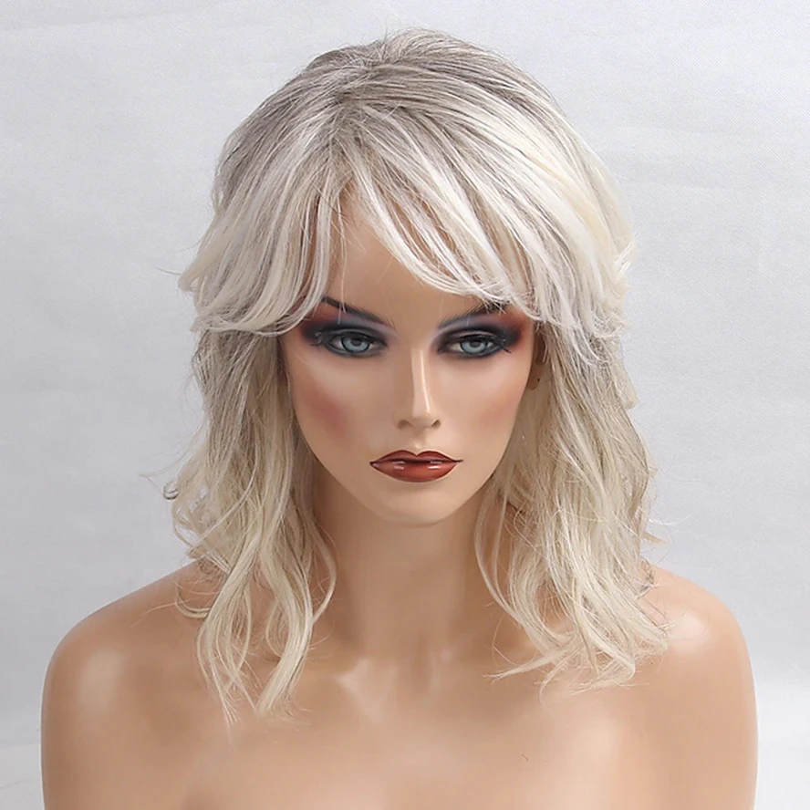 

Black Grey Human Hair Blend Wig Medium Length Wavy Layered Haircut full wigs for women 14 inch