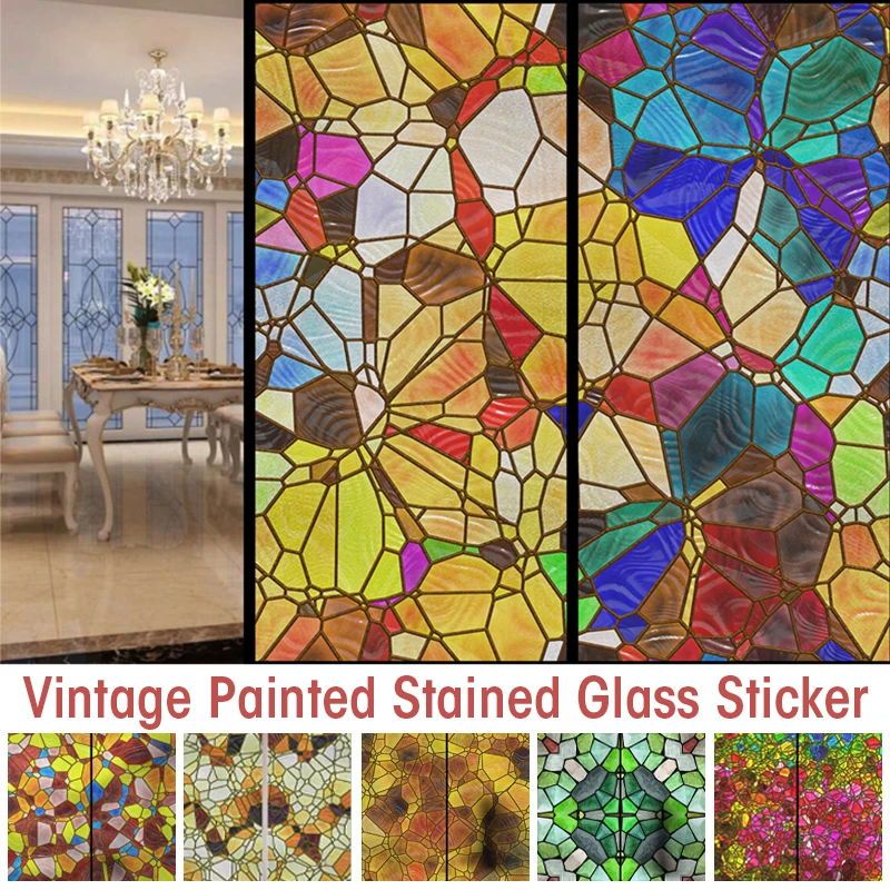 

European Style Church Painted Glass Privacy Film Glass Art Vinyl Window Stickers Frosted Self-adhesive Stained Static Cling Film