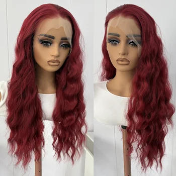 13x4 Burgundy Lace Wig Long Deep Wave Synthetic Lace Front Wigs for Women Glueless Natural Hairline Daily Use Cosplay Party