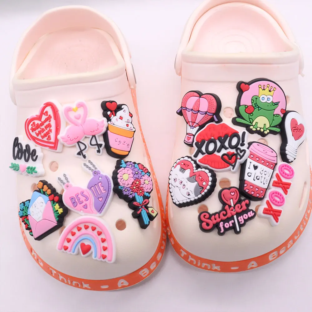 

Wholesale 50pcs PVC Shoe Charms Pink Love Hot Air Balloon Rainbow Accessories Shoe Buckles Fit Croc Jibz Kids X-mas Gift