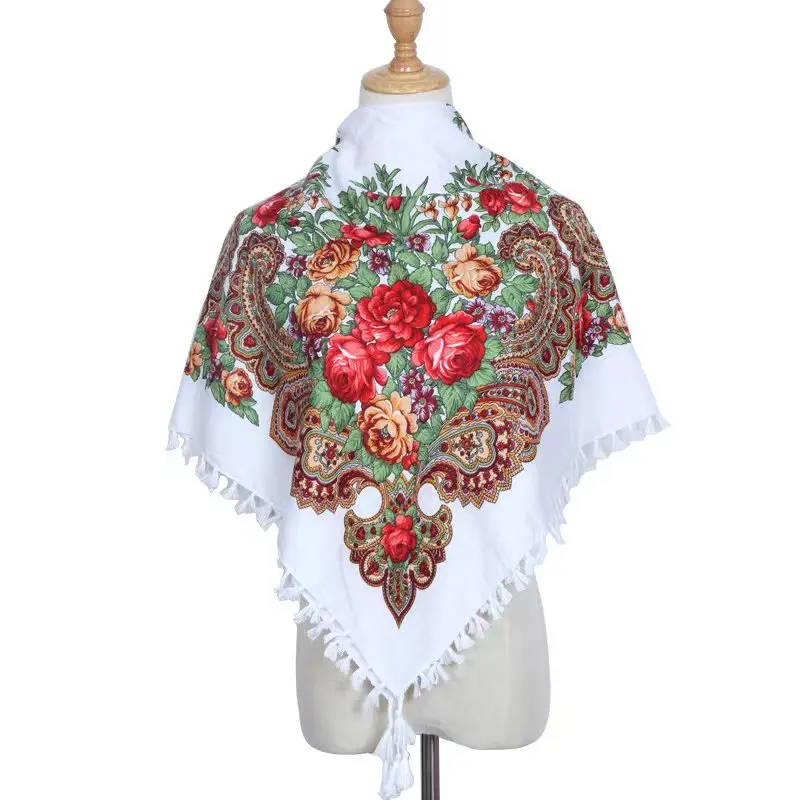 Hijab Ukrainian Embroidery Style Headscarf for Women Square Print Warm Due Head Cotton blend Scarf Vintage Bandana Shawl 35.5in 6