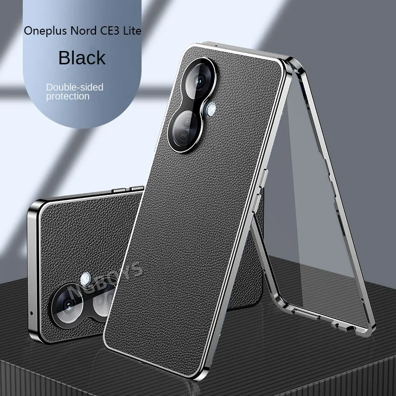 360° Full Protection Metal Bumper Case with Clear Front Glass & Back PU Leather Cover