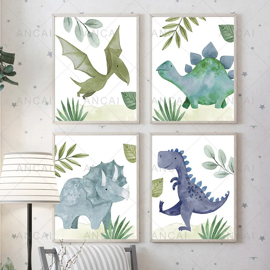 Green Leaf Dinosaur Growth Quotes Wall Art Canvas Painting Nordic Poster Prints Cartoon Wall Pictures For Kids Room Decoration