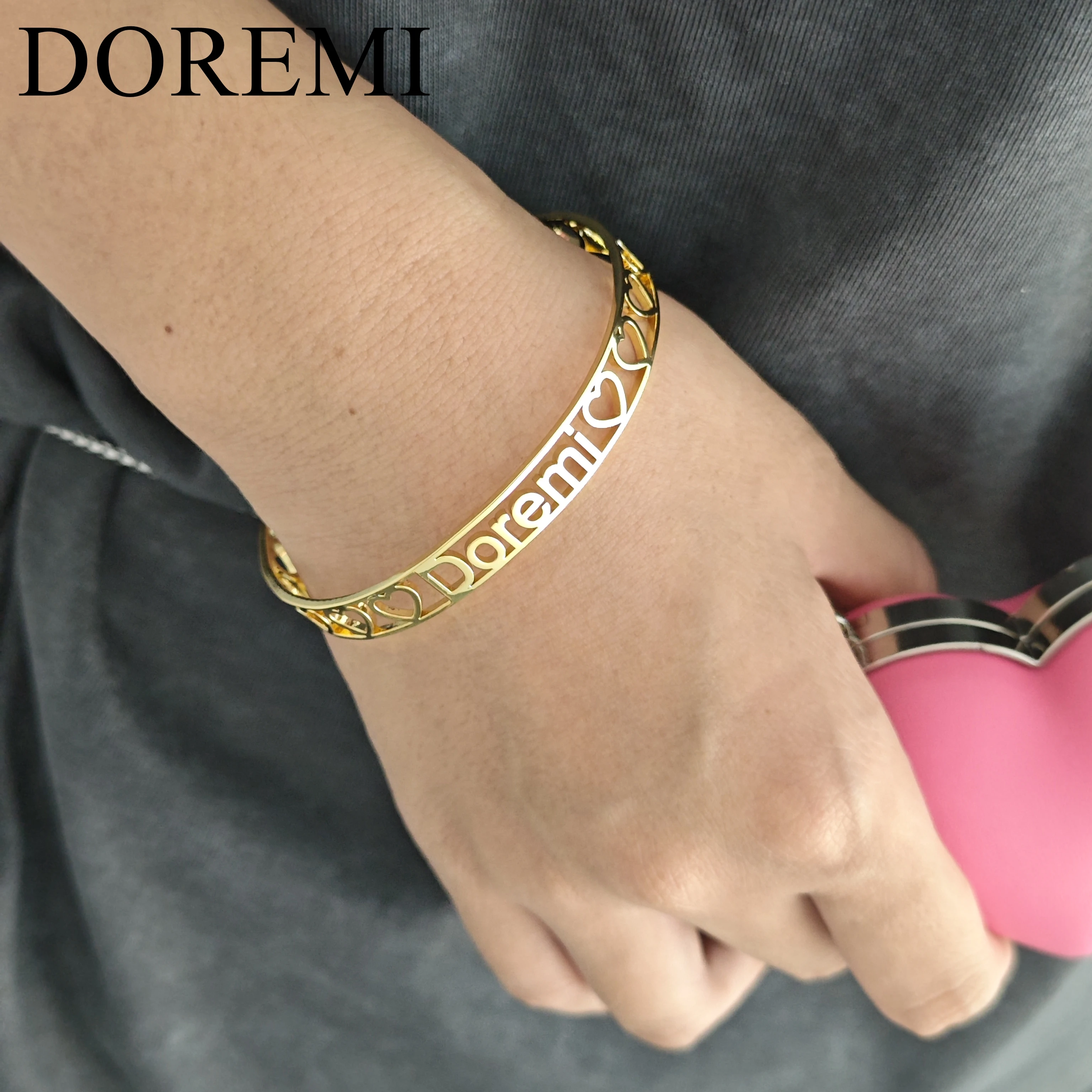 Doremi Custom Name Logo Personalized Women Heart Letter Bracelet Stainless Bangle Cut Out Hollow Cuff Engraving Name Band Bangle