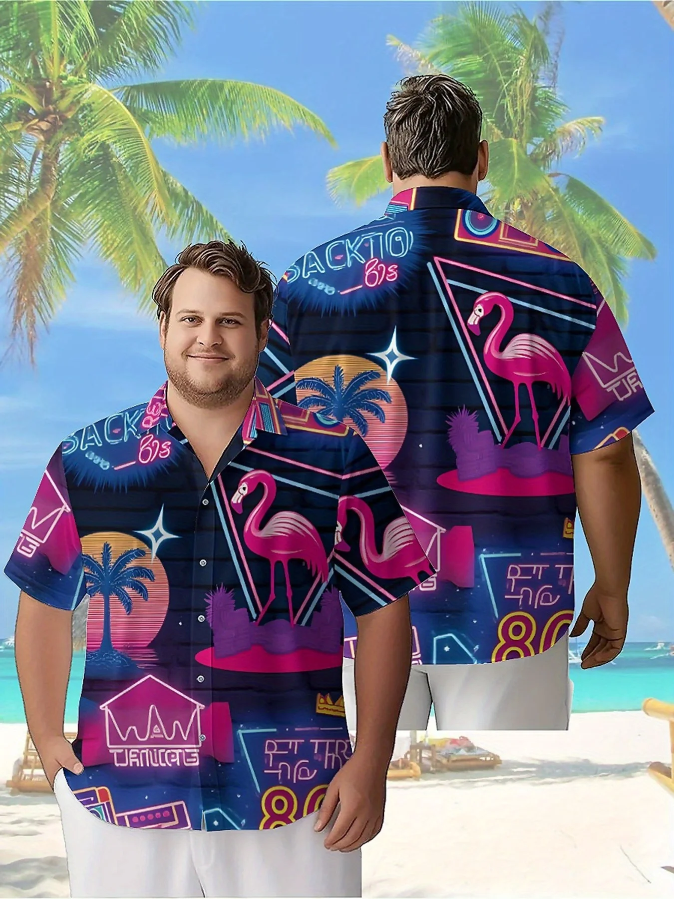Men's Plus Size Hawaiian Shirts Retro 80s Neon Pattern, Button Up Shirts, Unisex Casual Clothing, Summer Tops