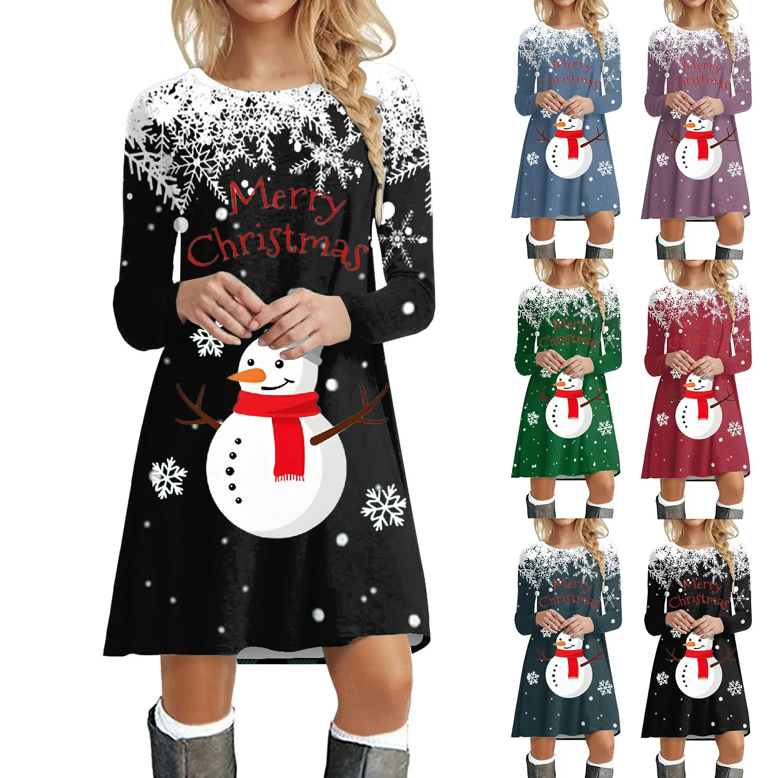 

Women Autumn And Winter Casual Fashion Print Round Neck Long Sleeve Tunic Dress Shirt dresses Bodycon