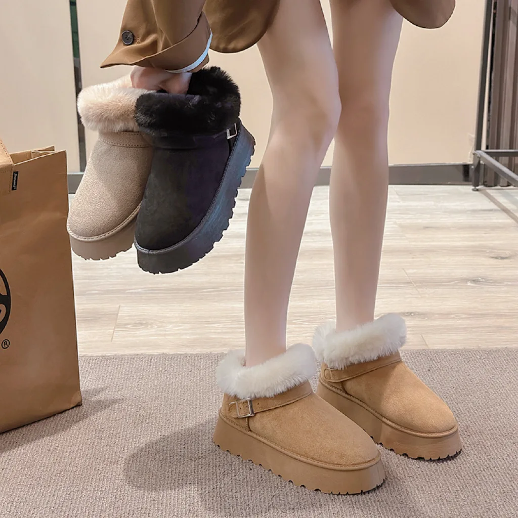 

Женские зимние ботинки на меху, женские зимние ботинки с круглым носком, на плоской подошве, модная плюшевая женская обувь на средней платформе, теплая нескользящая обувь большого размера