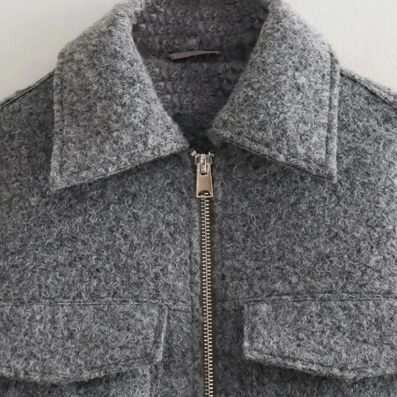 2024 Women's Elegant Solid Coat Zipper Long Sleeve Pocket Bomber Jacket Female Casual Soft Woolen Loose Streetwear Coats 6