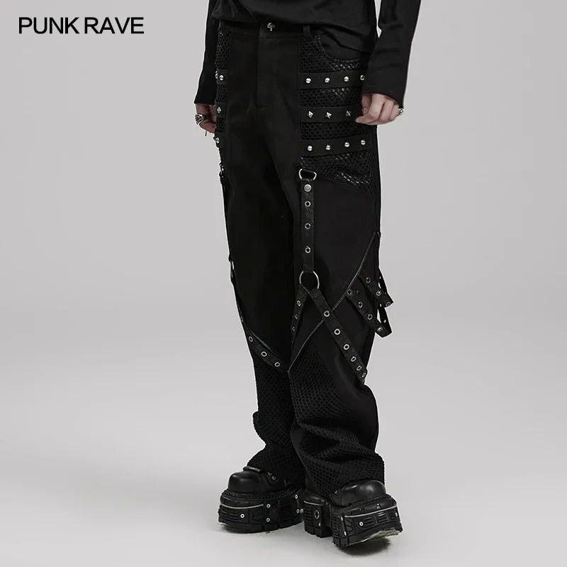 【HI FI FNK】Rivet Loose Pants PUNK RAVE Men's Punk Style Wide Leg Trousers Cotton Webbing