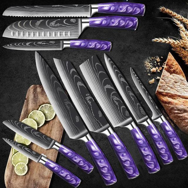 Chef Knife Set 1-10PCS New Purple Resin Handle Stainless Steel Damascus  Pattern Kitchen Non-Stick Santoku Cleaver Boning Knivse