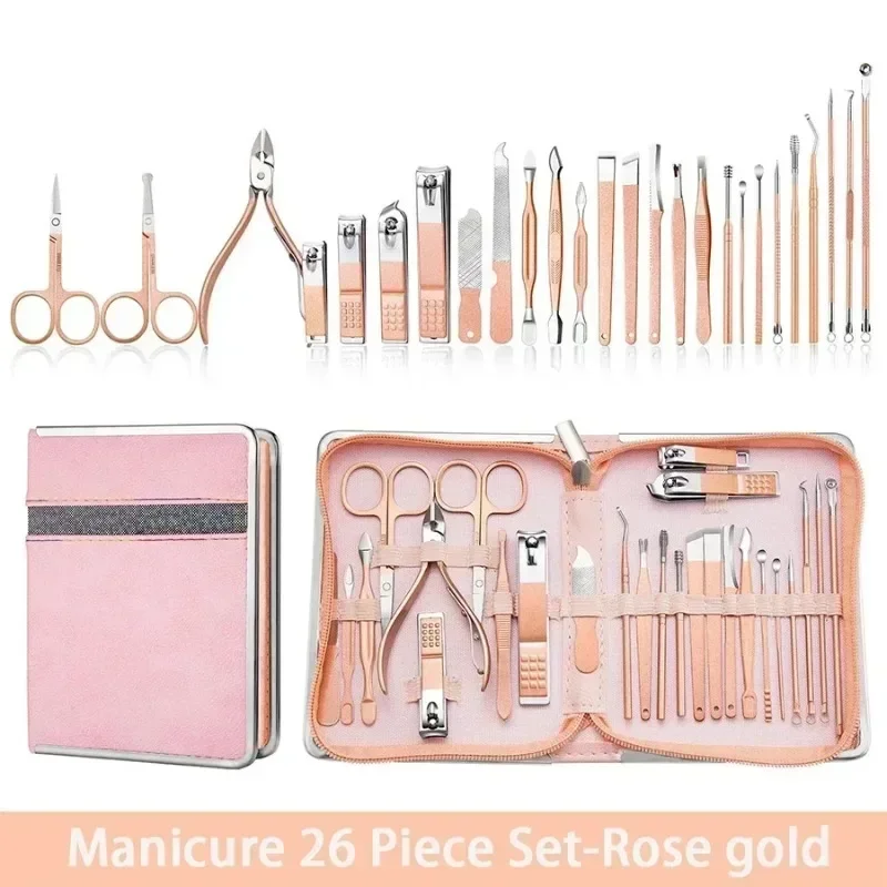 Nail Clipper Set Nail Art Set Zipper Bag 26 Pieces Rose Gold Dead Skin Pliers Pedicure Knife Acne Needle Manicure