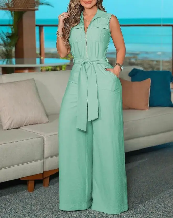 Lace-Up Jumpsuits Women 2024 Spring Sleeveless Solid Color Zipper Front Wide Leg Jumpsuit with Belt Loose Playsuits Overalls