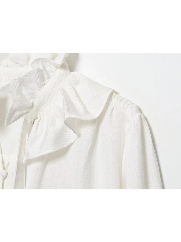 Women's Ruffle High Neck Blouse Fashion Solid Lace Up Long Sleeves Fitted Shirts Vintage Elegant Button Up Party Shirts 2026 New
