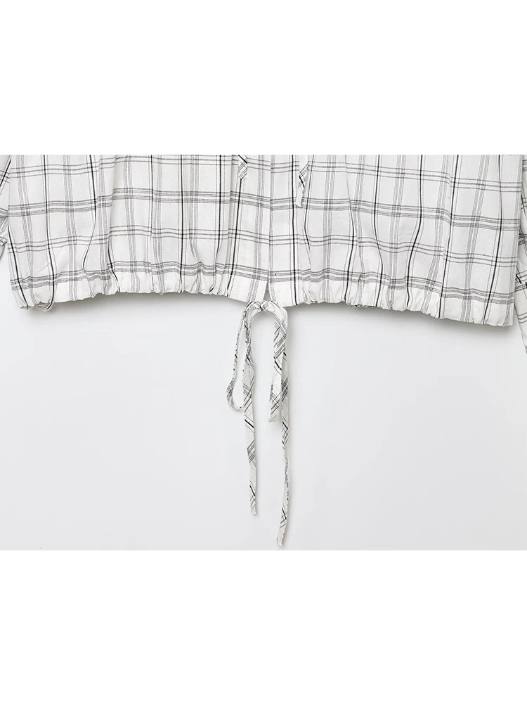 TFMLN 2025 Women's Long Sleeve Thin Shirt Plaid Single Breasted Loose Top Versatile Outerwear Stand Collar Waist Lace Up Shirt