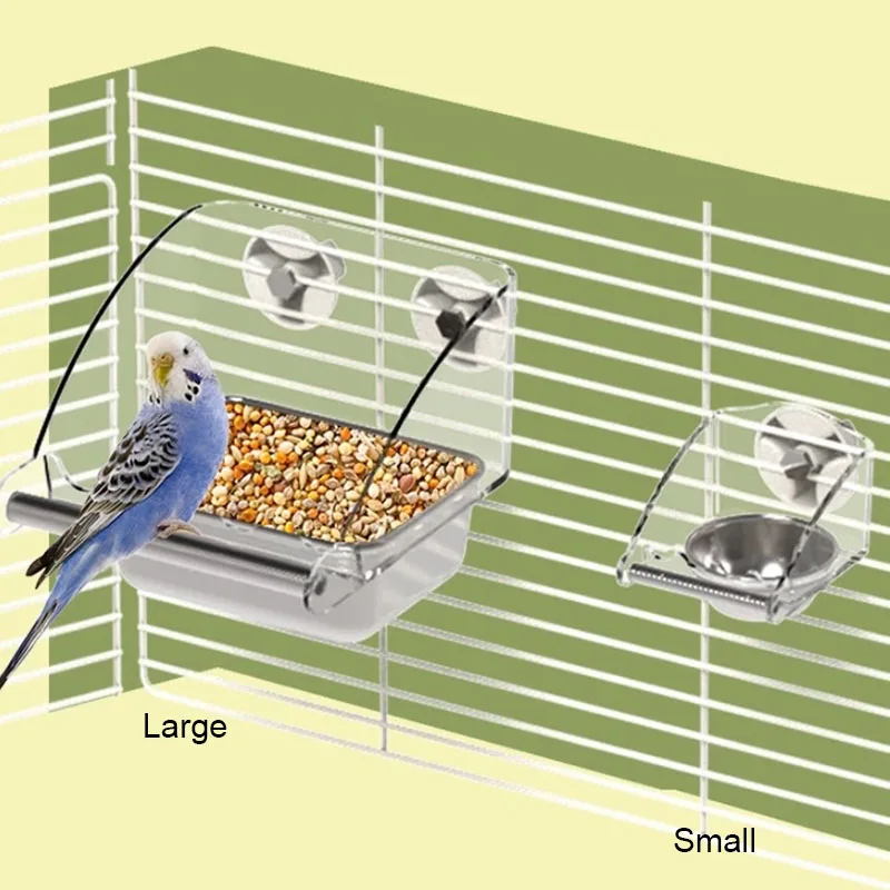 Large Stainless Steel Pet Bird Food Water Bowl Easy to Install Parrot Anti Splash Feeding Box Feeder for Birds Claws Grinding
