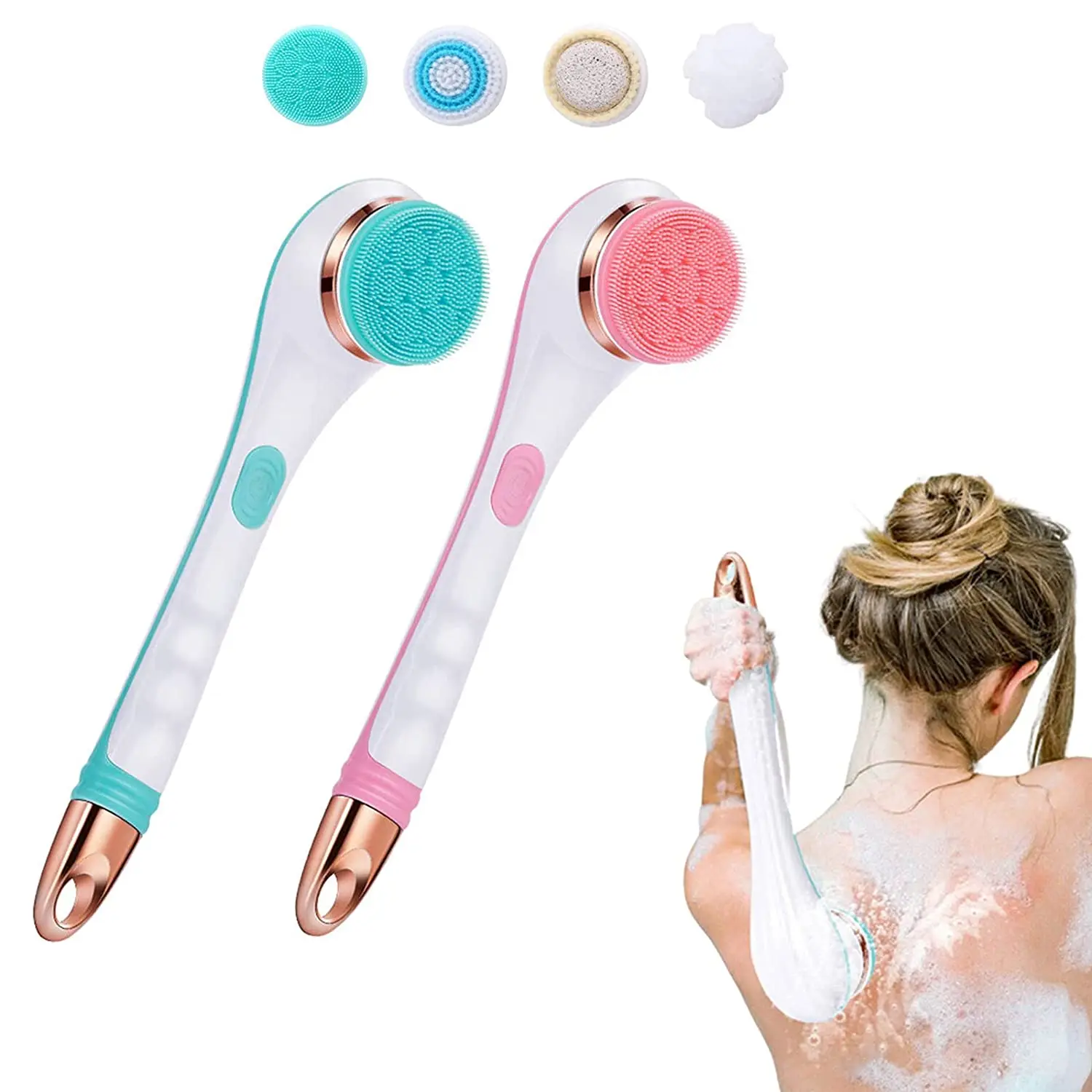 Electric Massager Silicone Bath Brush Back Scrubber 4 Brush Heads USB Rechargeable Rotating Shower Brush 2 Speeds Long Handle