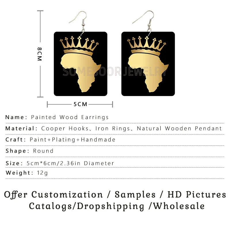 SOMEHOUR Black Dope My Hustle Wooden Drop Earrings African Queen Excellence Gold Crown Printed Women Rectangle Dangle Jewelry