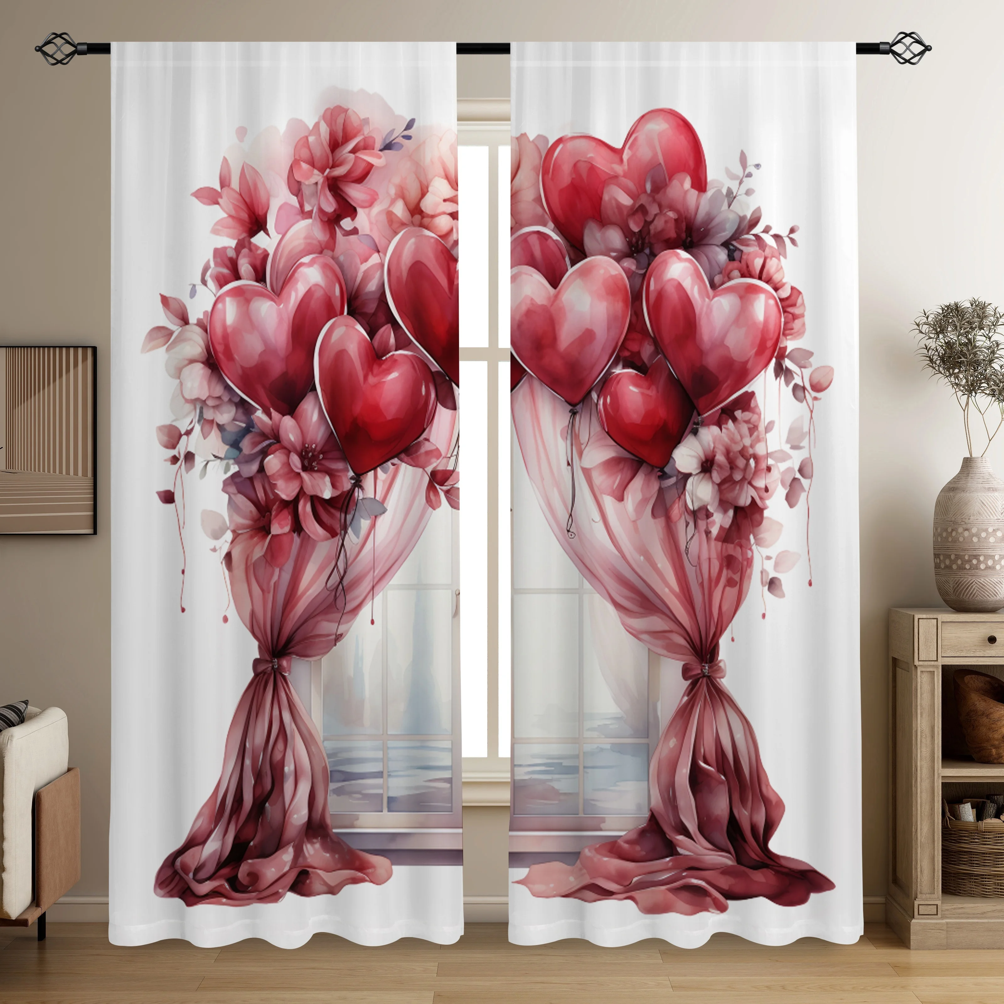 

2pcs Valentine's Day Heart Balloon Watercolor Painted Valance Print Translucent Curtains Multi-scene Rod Pocket Decor Curtains