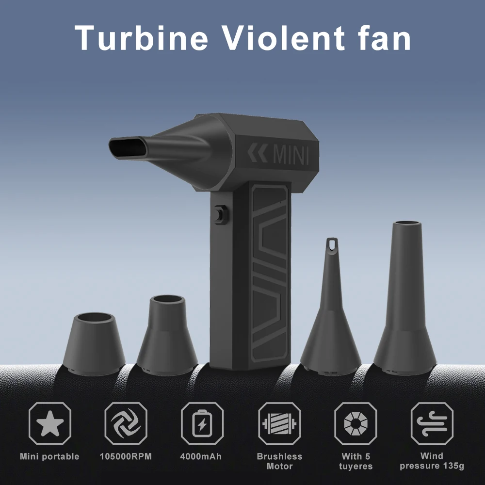 מפוח אוויר עוצמתי 130000RPM 3 הילוכים מתכוונן טורבו ג'ט מפוח אוויר דחוס אלחוטי עם 5 יחידות חרירי החלפה