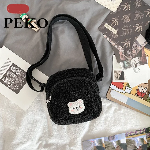 2021 Autumn Winter Cute Bear Messenger Bag Mobile Phone Bag Girls Small Kawaii Bag Women Cartoon Plush Shoulder Bag For Women 
