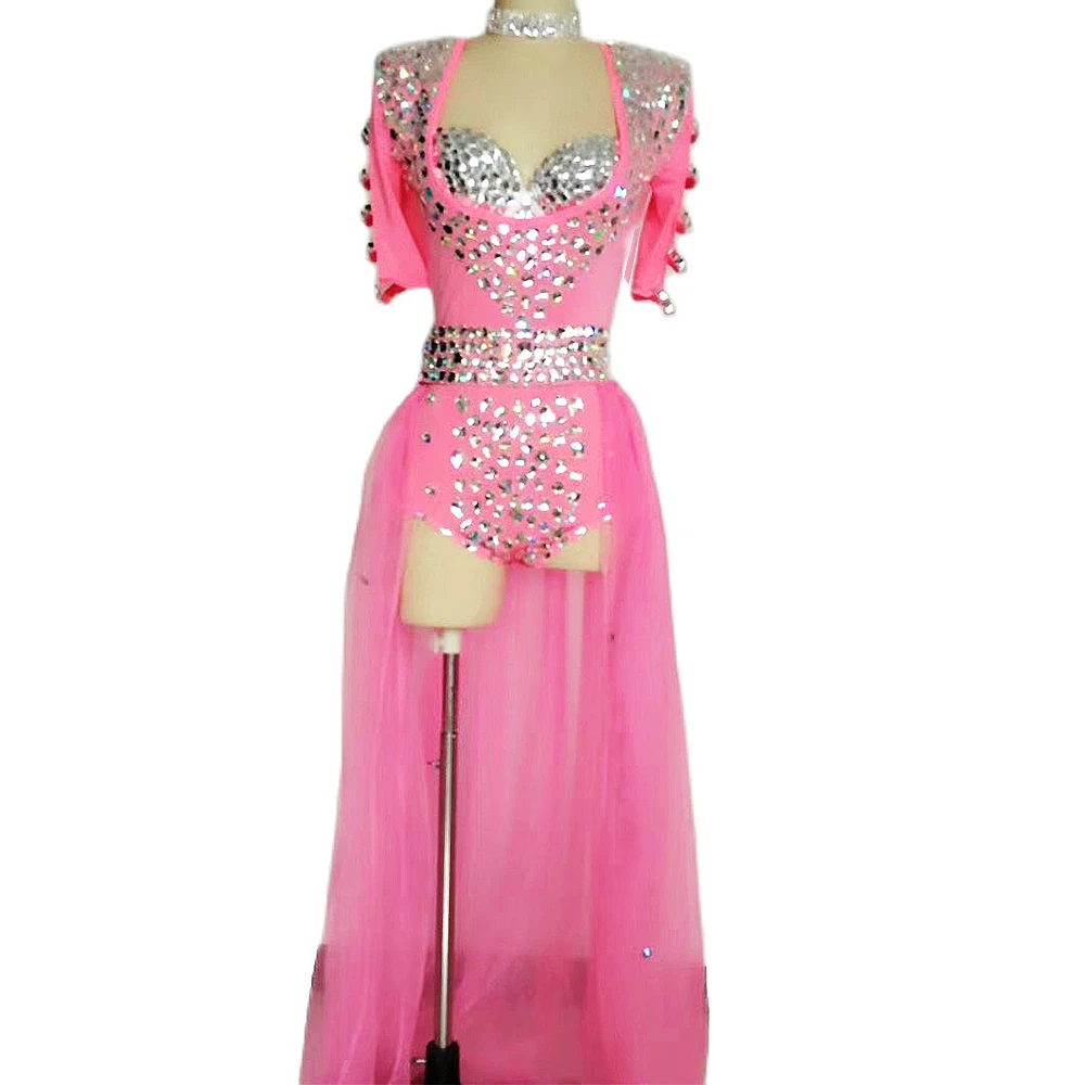 

Long Tailing Net Yarn Fashion 3 Pieces Set Nightclub Show Stage Wear Women Shining Diamonds Handmade Fluorescent Pink Outfit