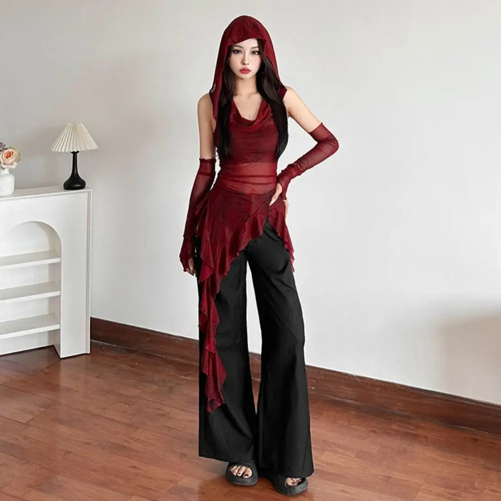 Y2K Tees Ruffle Long Sleeve Shirt Hooded T-shirt Mesh Vintage Gothic Hooded Square Neckline Design with Sleeves Long Sleeve Tops