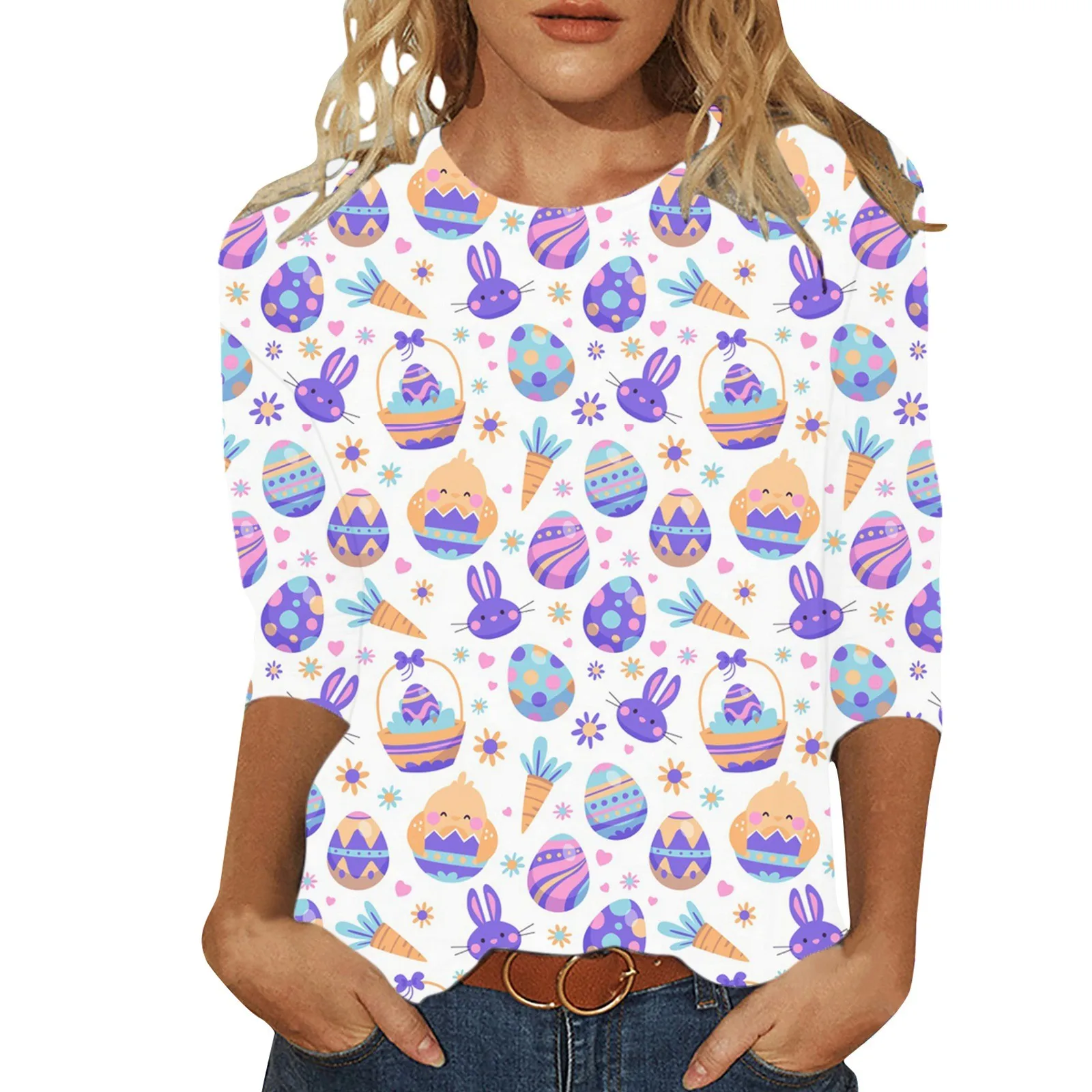 

Bunny T Shirt Easter Day Women Crew Neck Three-Quarter Sleeve Cute Rabbit Egg Graphic Print Tunic Top Casual Tee Shirt Blouse