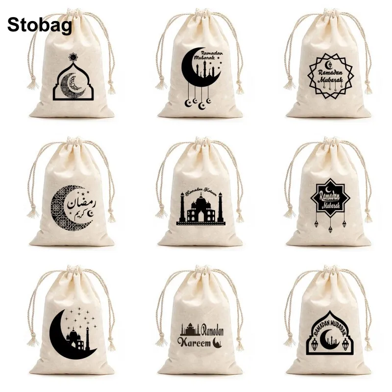 

StoBag 5pcs Ramadan Eid Mubarak Cotton Drawstring Bags Small Bundle Pocket Kids Candy Gift Packaging Reusable Pouches Decoration