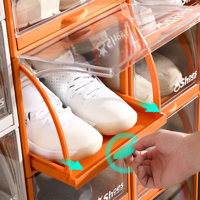 Caja transparente para zapatos, organizador de plástico plegable a prueba  de polvo, apilable, combinado, estilo cajón - AliExpress