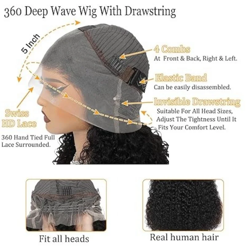 360 Full Lace Wig Invisible Drawstring Deep Wave Frontal Wig Curly Human Hair Wigs Brazilian 13X4 Hd Lace Wig 220 Density 30Inch