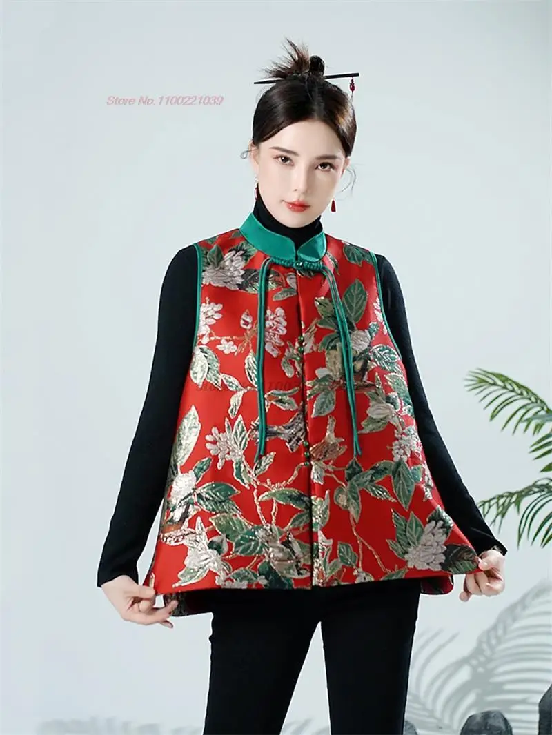 

2023 chinese vintage gilet national flower embroidery vest chinese tang suit stand collar sleeveless jacket retro waistcoat vest
