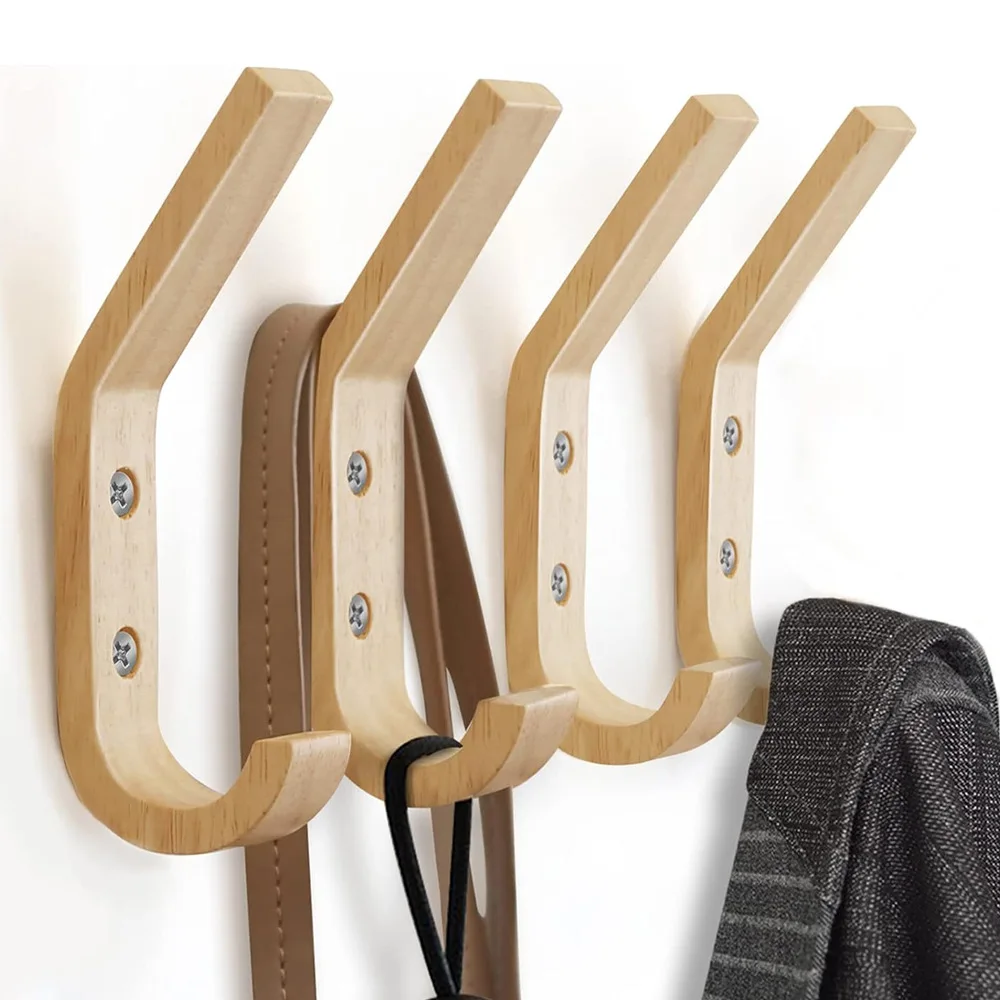 2/4 pcs Natural Wood Clothes Hanger Wall Mounted Coat Hook Decorative Key Holder Hat Scarf Handbag Hanger Organizer for Home 2