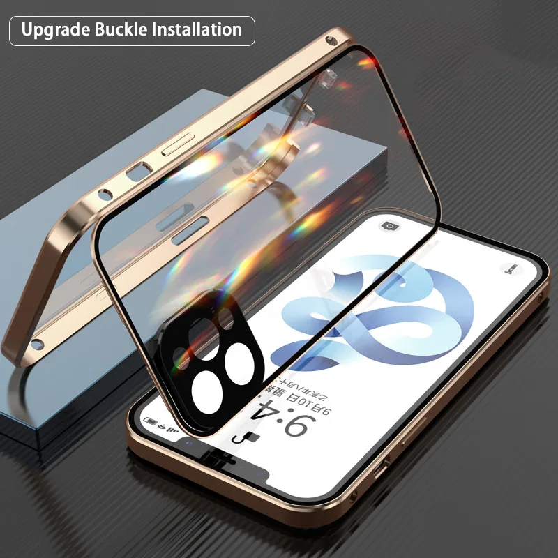 Double Sided Glass Card Buckle Installation Case For iPhone 13 12 Pro Max 13 Mini 11 Pro Max Camera Lens Protection Metal Cover phone pouch for running