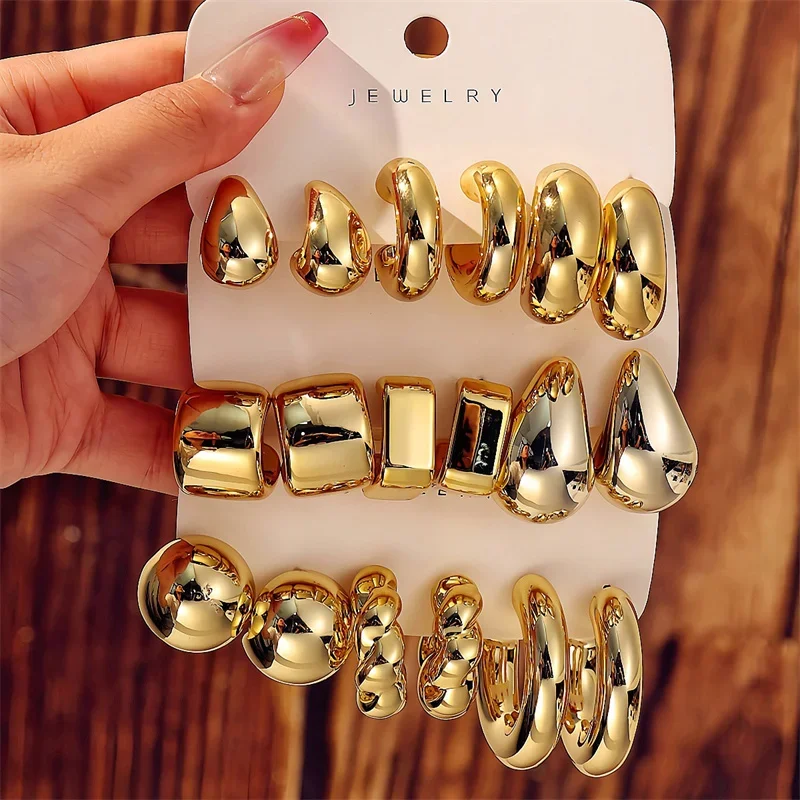 Drop Earrings Set Gold Color Twisted C Shape Tear Drop for Women Geometric Circle Jewelry Gifts
