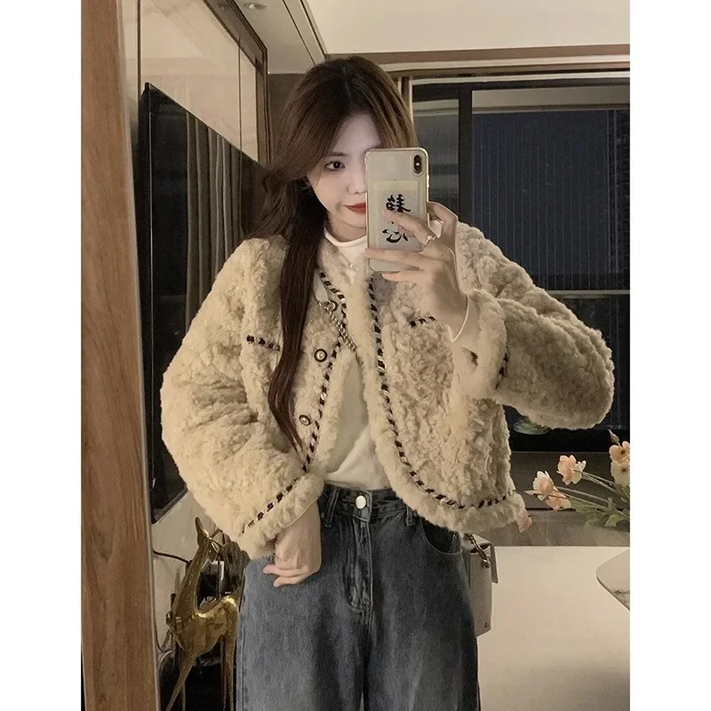 

Lksk classic French style jacket for women winter 2023 faux lamb's wool loose short long sleeve cotton jacket