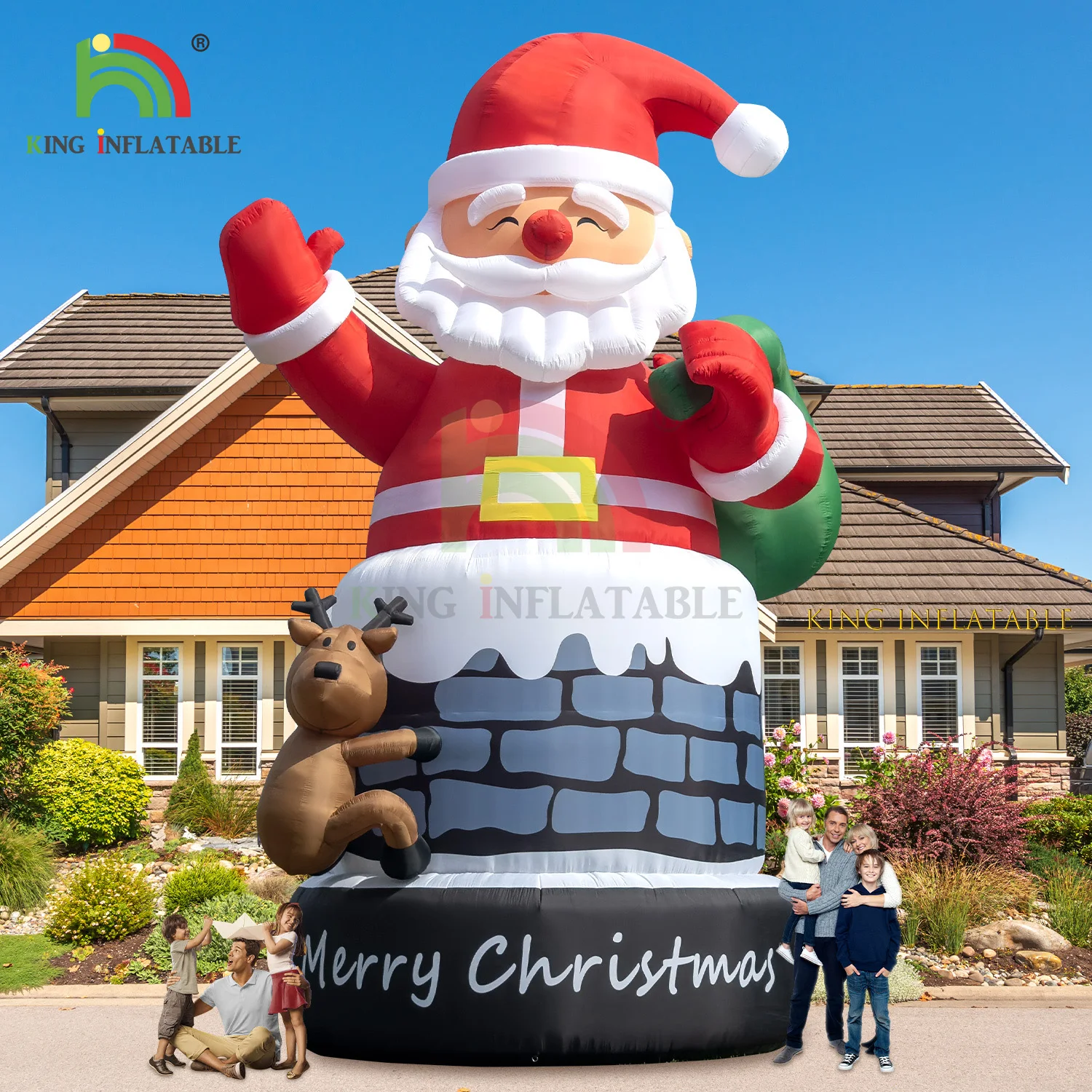 26ft Giant Inflatable Santa Claus Elk in Chimney Father Christmas Old Man Gift Bag Reindeer With Blower Outdoor Xmas Decoration free shipping blow up giant inflatable santa claus with gift bag large led lighted christmas father for outdoor xmas decoration