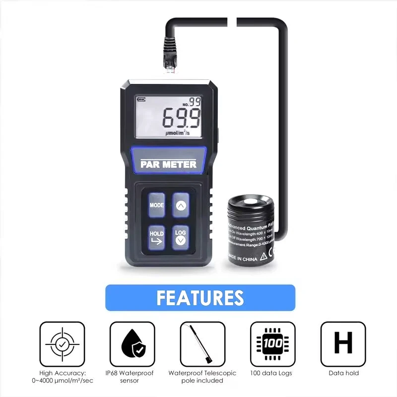 Digital PAR Meter IP68 Waterproof Probe PPFD Tester Full Spectrum