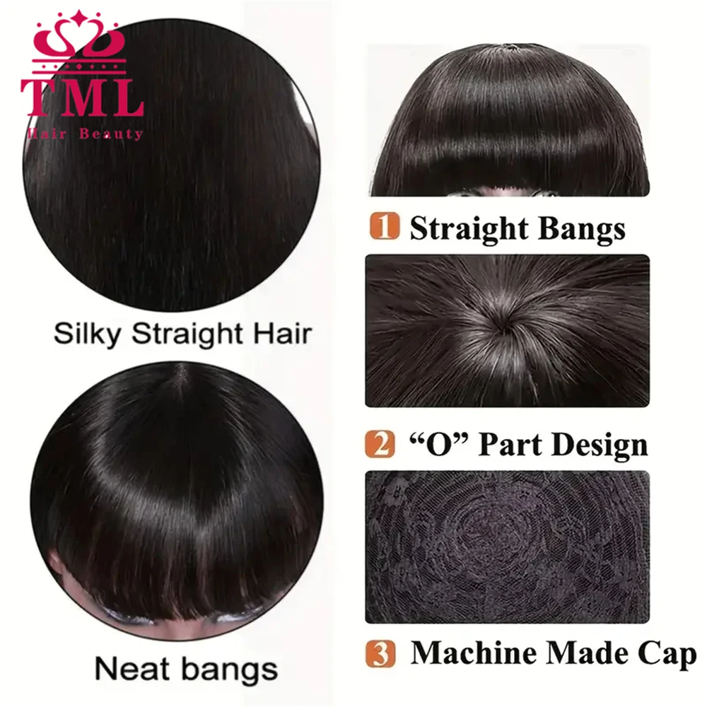 Bone Straight Human Hair Wigs with Bangs For Women Brazilian Natural Cheap Full Machine Made Wigs 30Inch Long Straight Bangs Wig