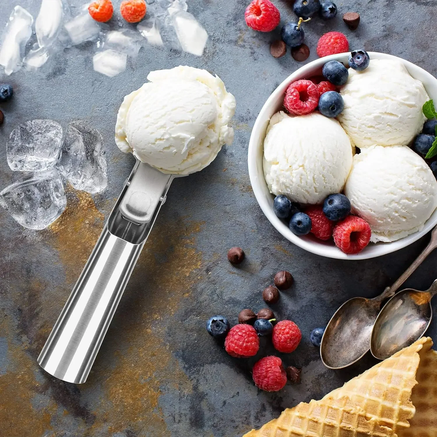 Premium Stainless Steel Ice Cream Scoop with Trigger Fruit Scoop Perfect for Frozen Yogurt Sundae Ice Cream Ball Spoon Stacks